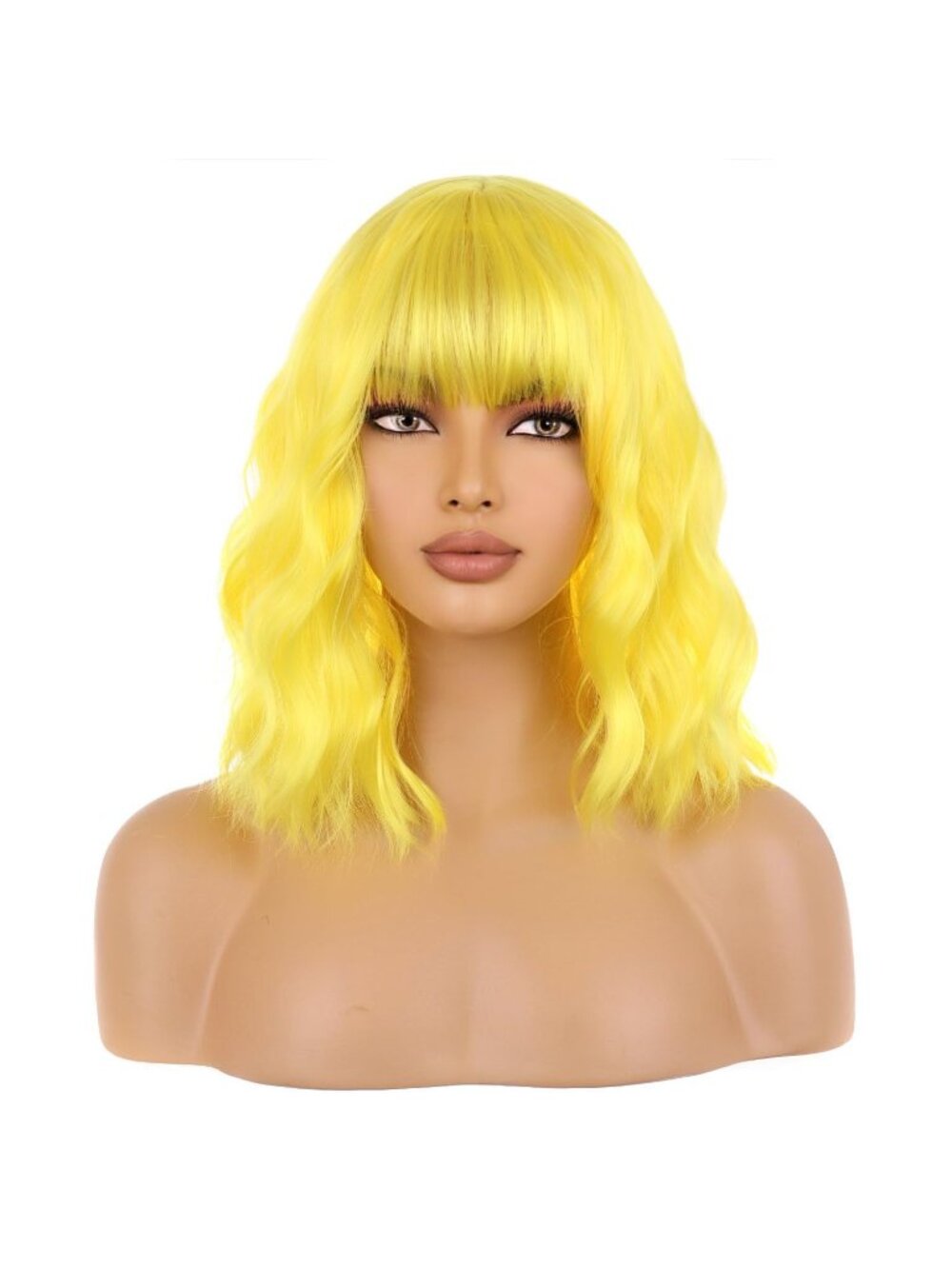 Women's Yellow Curly Wavy Bangs Short Heat Resistant Cosplay Synthetic Wig